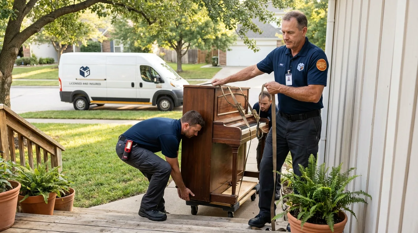 Licensed piano movers securing grand piano in El Campo, TX