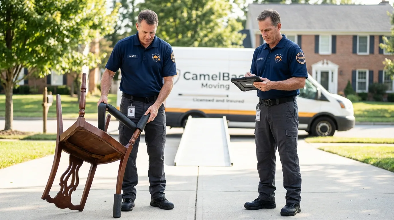 Movers inspecting furniture for damage prevention before loading in El Campo, TX