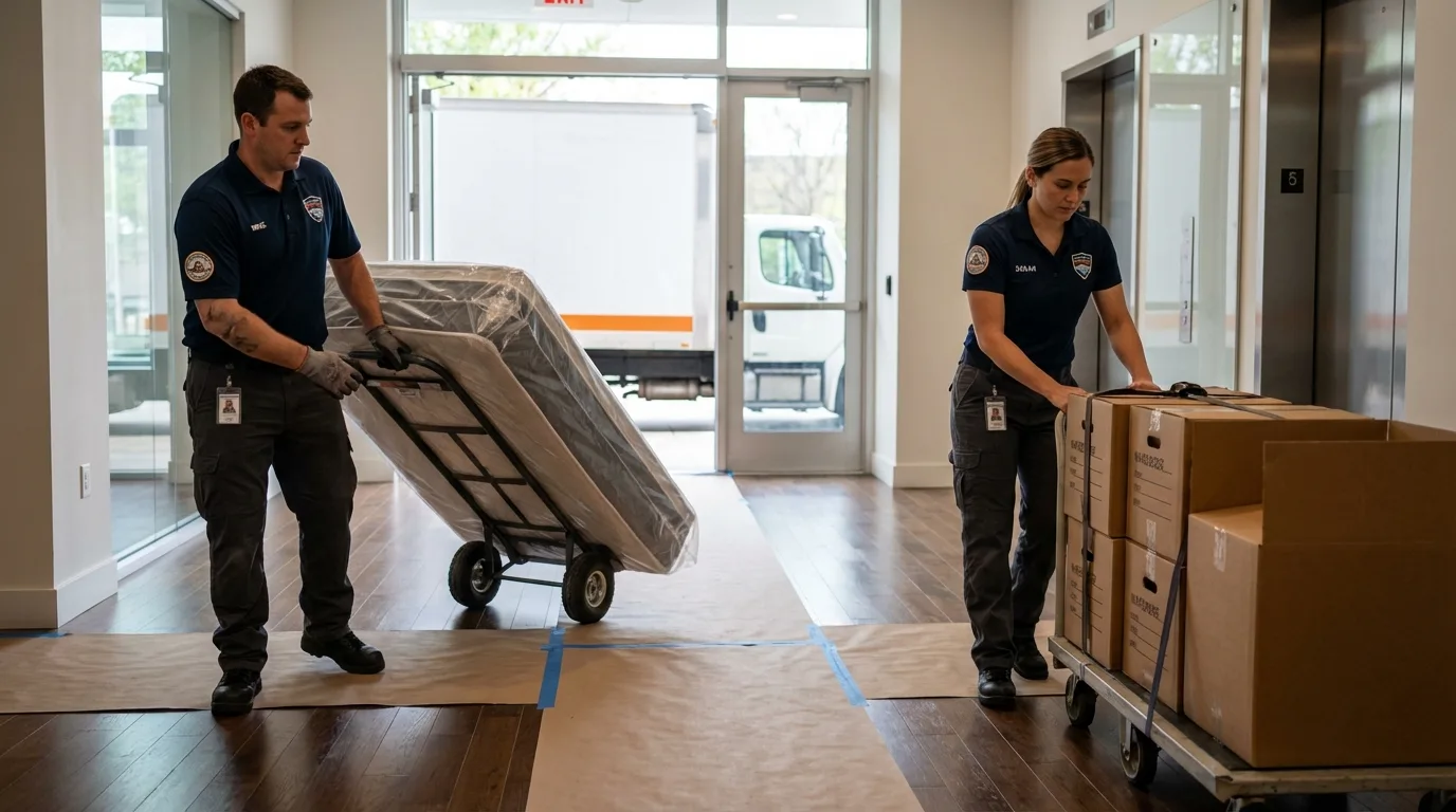 Professional apartment movers loading elevator in El Campo, TX
